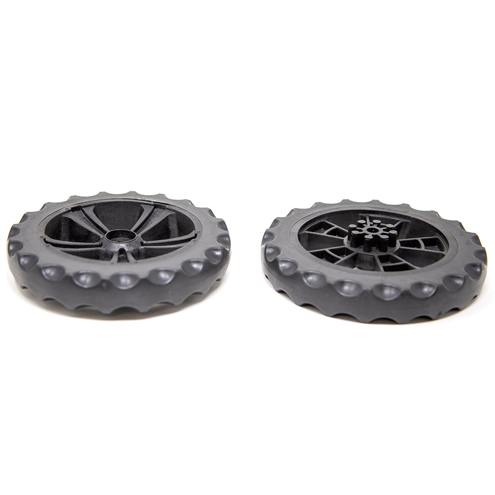 Two black cart wheels. 