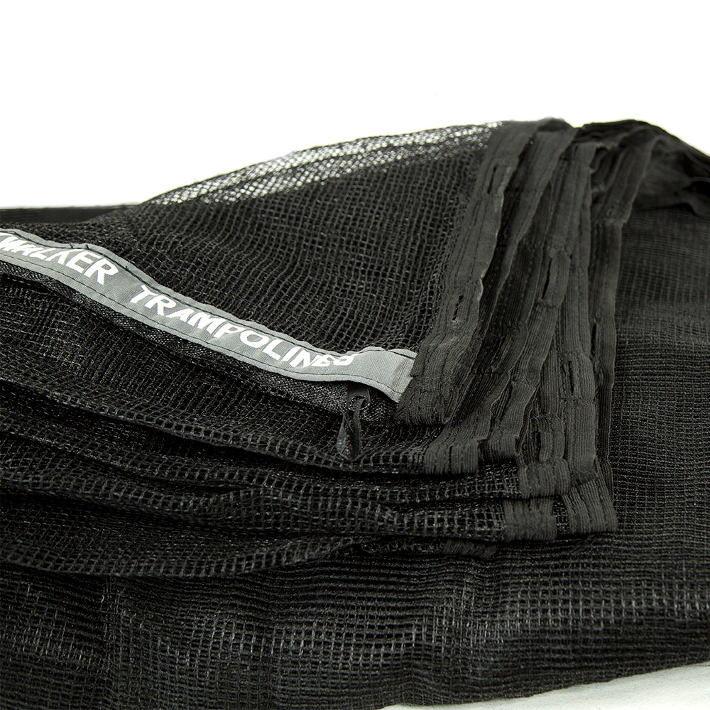 Gray "Skywalker Trampolines" logo visible on zipper of black enclosure net.