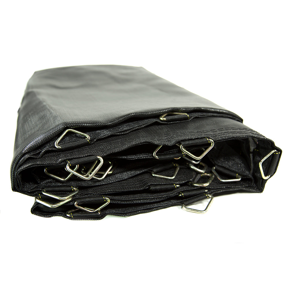 17-foot by 10-foot black jump mat folded so silver V-rings are showing