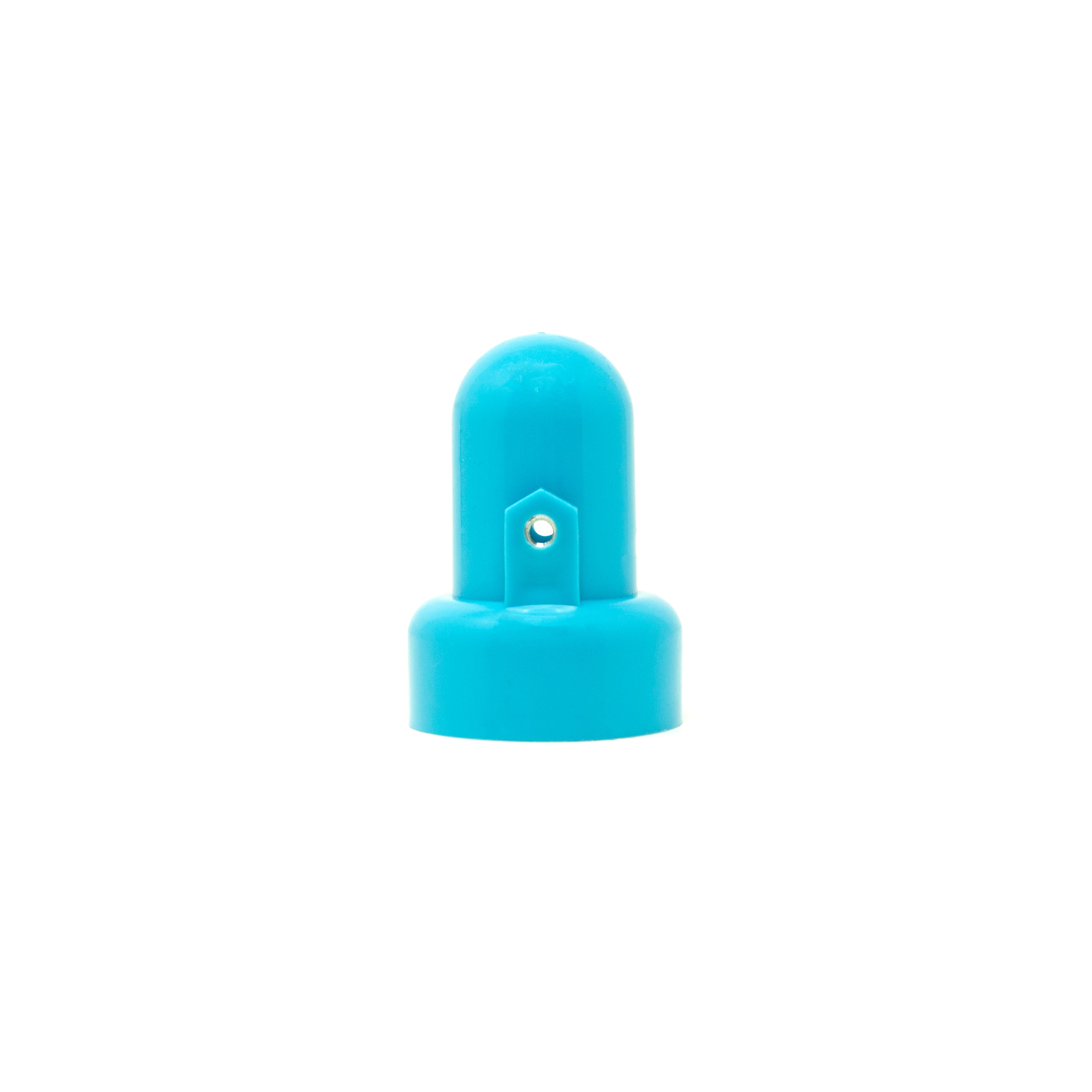 Teal pole cap with the hexagon hole side facing forward. 