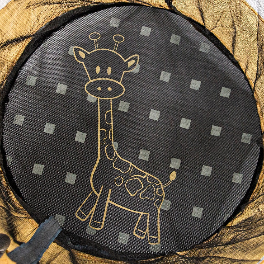 Fun yellow and gray giraffe design on top of black jump mat. 