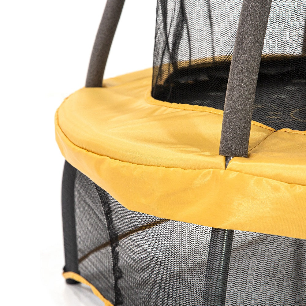 Yellow frame pad has upper enclosure net and poles above it and has the lower enclosure net below it. 