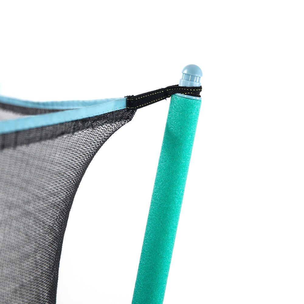 Light blue pole cap sits on top of the seafoam green enclosure pole with enclosure net wrapped around it. 
