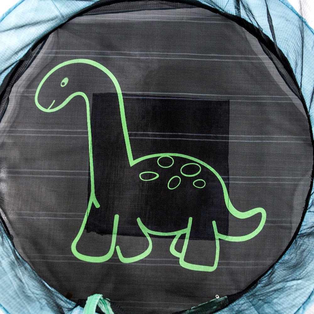 The black jump mat features a green dinosaur design with gray stripes around it. 