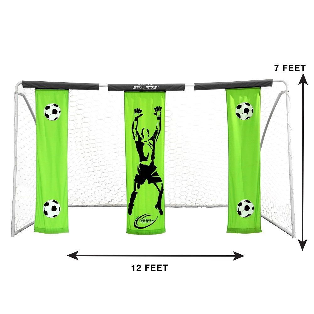 The Skywalker Sports Soccer Goal is 12 feet long and 7 feet tall. 