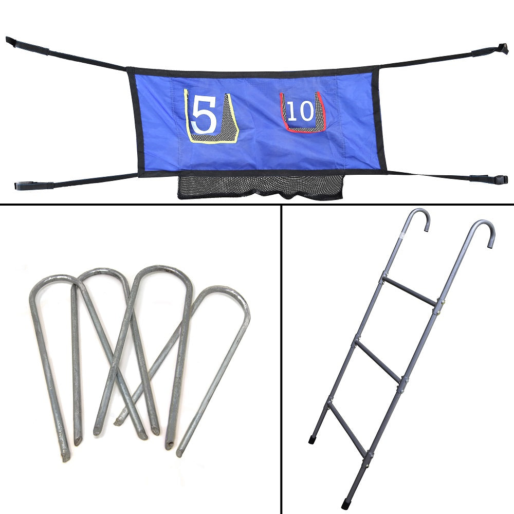 This accessory kit comes with the Double Toss game, four wind stakes, and the three-rung trampoline ladder. 