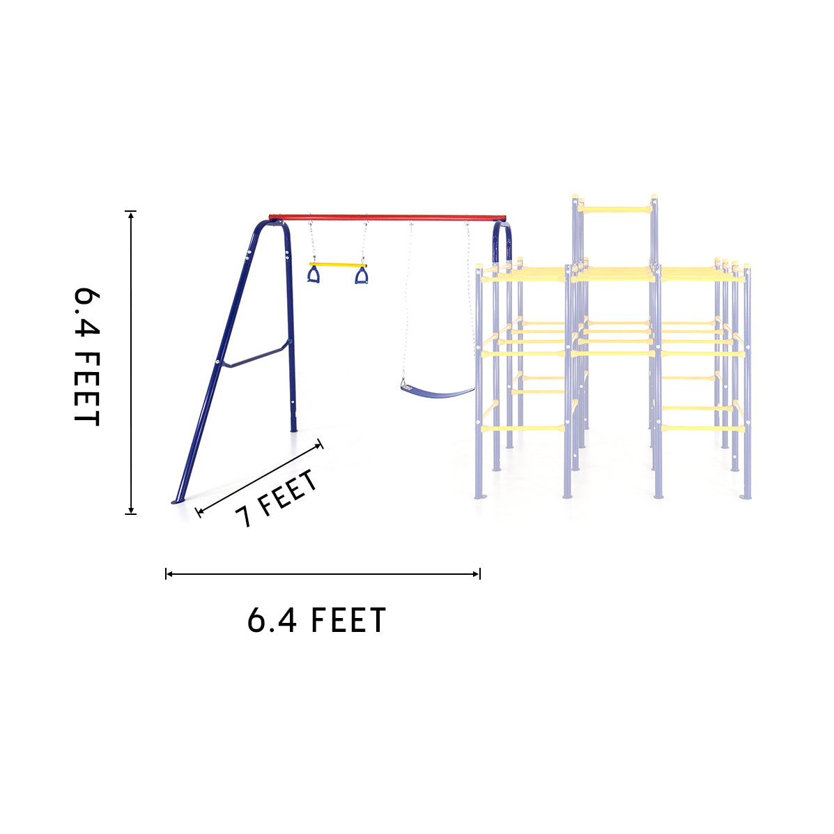 The swing set module is 6.4 feet tall, 6.4 feet wide, and 7 feet deep.