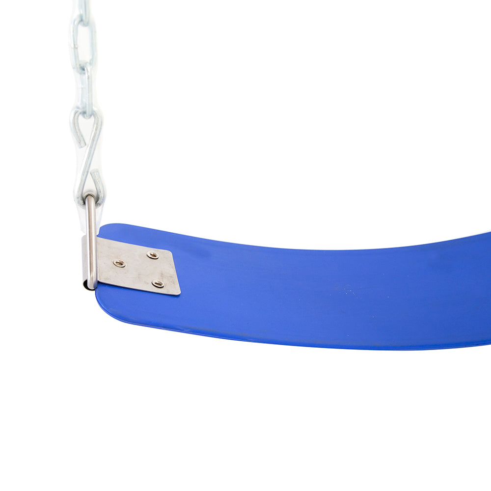 The Swing Set's traditional belt swing has a blue plastic seat held up by plastic-coated chains. 