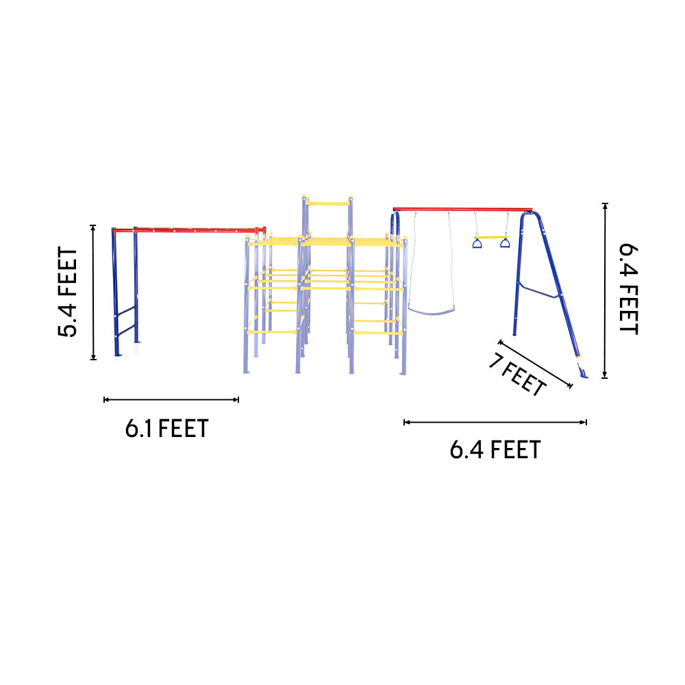 The Monkey Bars are 5.4 feet tall and 6.1 feet long. The Swing set is 6.4 feet tall, 6.4 feet long, and 7 feet wide. 