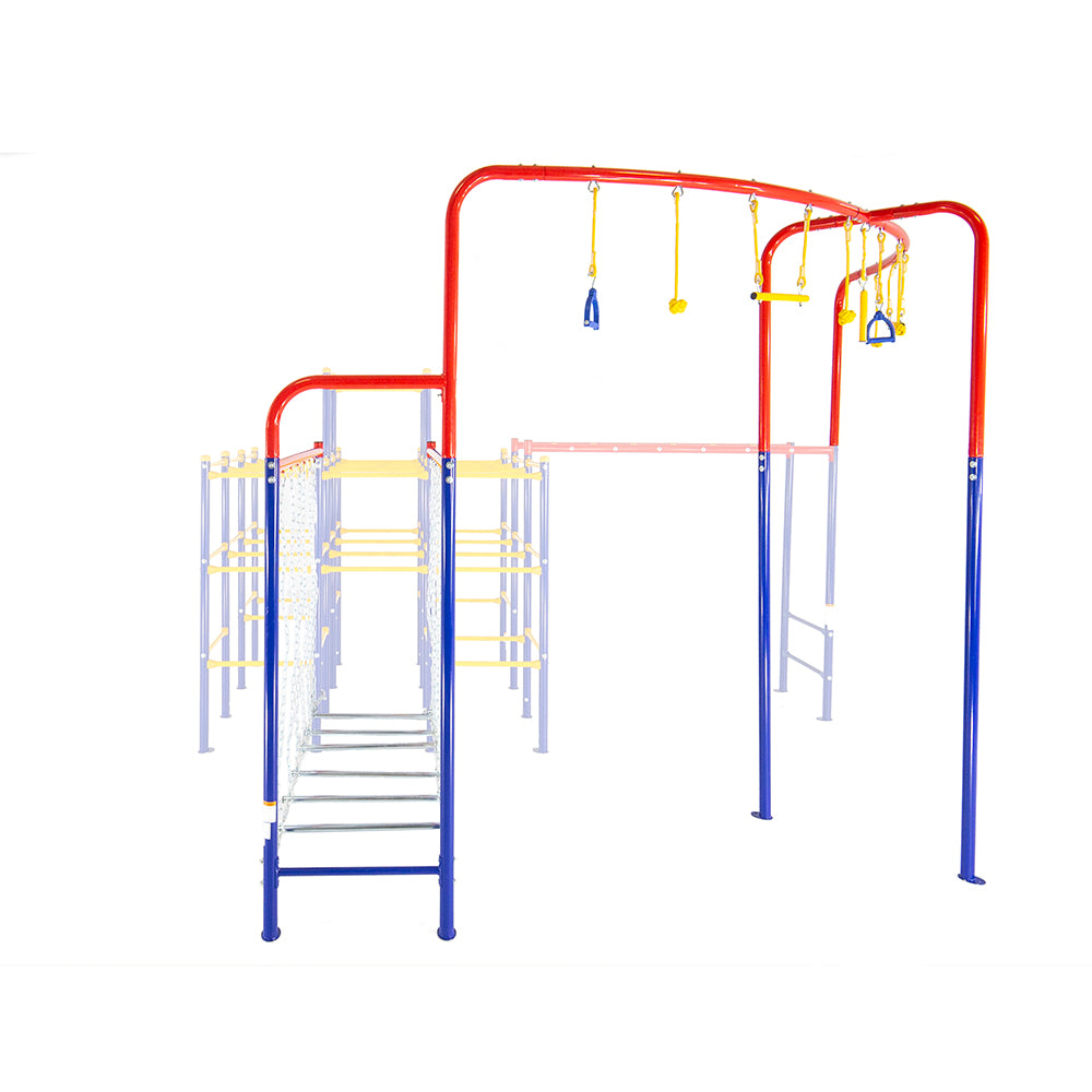 The Hanging Jungle Line and the Hanging Bridge are connected to the Jungle Gym Base and the Monkey Bars. 